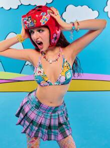 Adventure Time X ROMWE Spring/Summer Carnival Beach Vacation Graphic Y2K Cute Cartoon Fully Allover Print Beaded Detail Halter Top - Multicolor - View 6