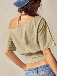 Bohemela 1 件女式纯色针织不对称肩部短款上衣 - 卡其色 - 查看 2