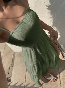 SHEIN Unity Váy không tay vải kết cấu đào nhạt có đường viền eo và dây đeo mảnh, rộng rãi và thon gọn, phong cách kỳ nghỉ - Màu xanh Ô liu - Xem 6