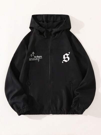 1pc Hooded Printed Jacket For Teens, Casual And Versatile Fit, Loose Silhouette Suitable For Various Occasions, Daily Wear And Campus Style Boys Black Zip Up Jacket Teen Windbreaker,Back To School