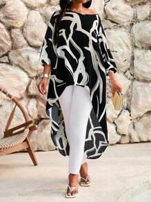 SHEIN Lady Mùa xuân và mùa hè thanh lịch đi làm văn phòng giản dị Boho đen và trắng dệt cổ tròn cao thấp tay áo cỡ lớn áo phông cỡ lớn áo cánh - Đen và trắng - Xem 5