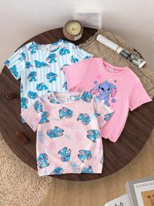 Set de 3 camisetas básicas de manga corta con cuello redondo, estampado de conejo y rayas, para niñas, estilo casual y lindo, para verano - Multicolor - Ver 1