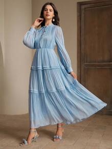 Anewsta 优雅、节日、休闲、度假、节日风格女士长裙，春夏 - 淺藍色 - 查看 5