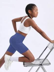 SHEIN Girls' Athletic Shorts, Stretchy, Comfortable, Free Motion Sports Shorts For Yoga Running Cycling - Navy Blue - View 4