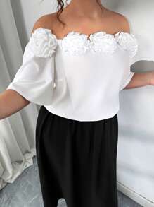 Elenzga Plus Size Women's Elegant Off-Shoulder Blouse, Floral 3D Decor Color Block Skirt 2 Pieces Set - Black and White - View 6
