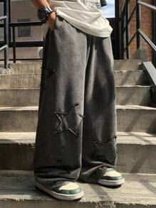 SHEIN Tween Boy 休闲街头风格星星图案刺绣保暖内衬直筒慢跑裤，适合通勤、上学、日常休闲、运动装，四季皆宜 - 黑色 - 查看 5