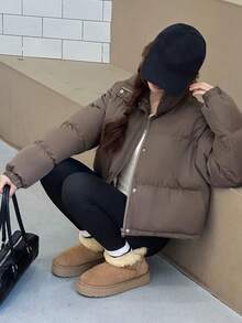 DAZY 青少年（女孩）休闲街头风格宽松短款棉衣，冬季 - 咖啡棕 - 查看 5