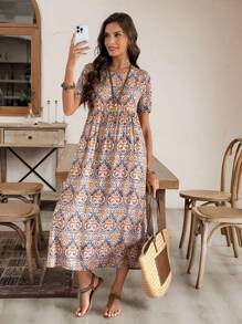 EMERY ROSE 女士休闲超长沙滩裙，全身印花 - 卡其色 - 查看 4