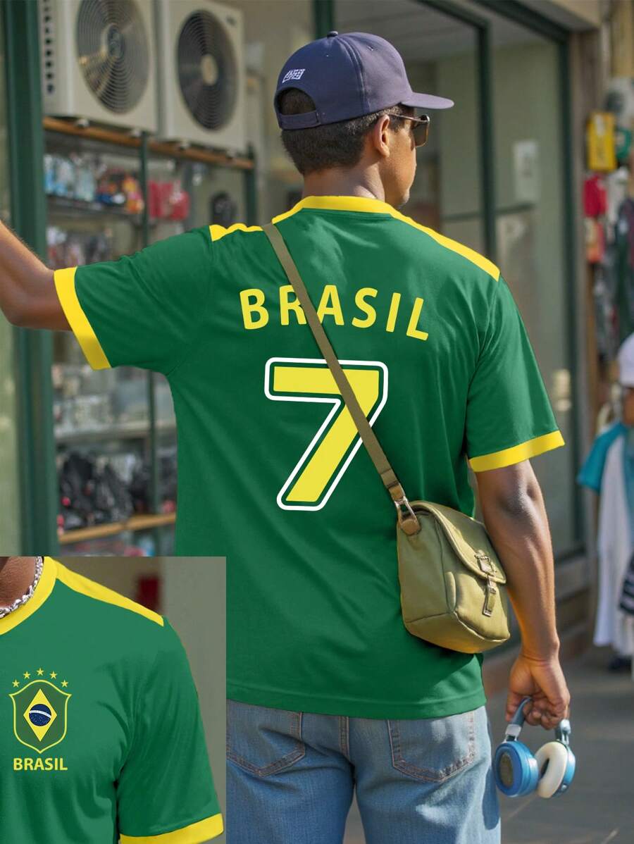 Manfinity Dauomo Men's T-Shirt With Brazil 7 Letter And Number Print - Green - View 1