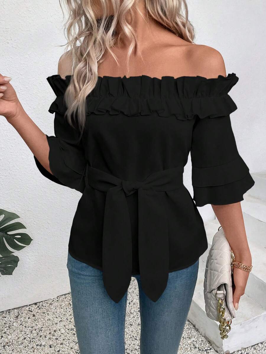 EMERY ROSE Camisa informal para mujer con hombros descubiertos y acabado de volantes en color blanco - Negro - Ver 1