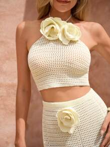 SHEIN Clasi Bộ 2 món cho nữ - Áo len cổ yếm cắt cúp đính hoa 3D và chân váy midi dệt kim - Màu be - Xem 6