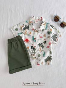 Cozy Pixies Baby Boy 2Pcs Set: Floral Print Polo Collar Short Sleeve Cardigan And Elastic Waist Shorts - Green - View 1