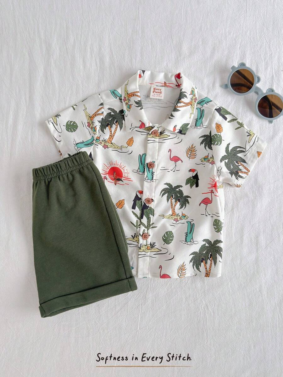 Cozy Pixies Baby Boy 2Pcs Set: Floral Print Polo Collar Short Sleeve Cardigan And Elastic Waist Shorts - Green - View 1