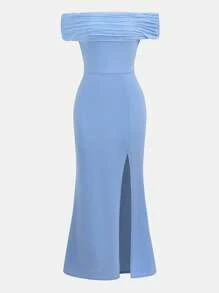 Pitira Pitira Teen Girls' Off Shoulder Ruched Fitted Dress, Elegant Wrap Waist, Suitable For Spring, Summer, Autumn, Winter, Parties, Gatherings, Prom, Back To School Sky Blue Dress Long Blue Dress Baby Blue Dress Off Shoulder Dress Floor Length Dress Long Blue Dress For Teen Baby Blue Dress Girl Fall - Blue - View 6