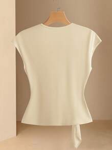 Franclia Women Elegant Twist Solid Deep V Neck Ruffle Short Sleeve T-Shirt - Apricot - View 2