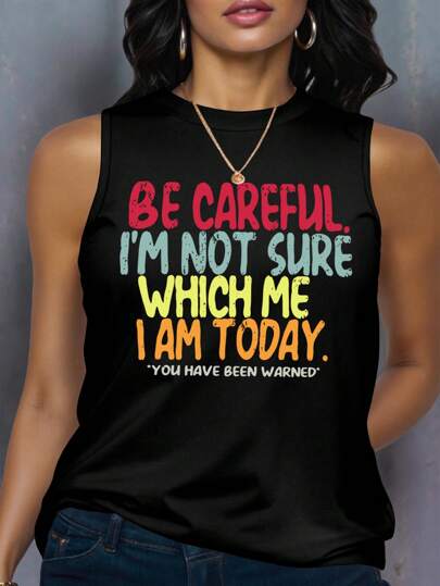 SHEIN EZwear Plus Size Letter Print Round Neck Casual Versatile Summer Tank Top