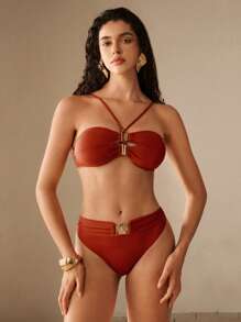 Elaire Women Summer Beach Solid Color Metal Decor Sexy Bikini Bottom - Mocha Brown - View 5