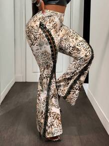 Slaydiva 大码女式豹纹系带喇叭裤 - 卡其色 - 查看 7