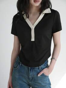 K-Vae Women's Summer Contrasting Color Edge T-Shirt, College Style T-Shirt, Daily Casual V-Neck Stretch Short-Sleeved T-Shirt