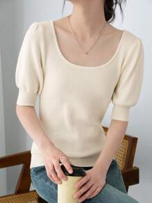 SHEIN Unity Tops de punto de manga corta abullonada con cuello redondo en color albaricoque para mujer, suéteres de otoño para mujeres, para la escuela, profesoras, vuelta al cole - Albaricoque - Ver 7