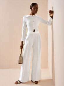 Zivah 2025 früher Herbst neue lässige elegante Outfit für tägliche Verabredungen, Partys und Bankette: Rundhals-Oberteil + Revers mit Metall-Knopf-Dekoration, vorne mittig geschlitzt, langärmlig + gerade geschnittene, ultraweite Hose, Damen Zweiteiler - Variante A - Weiss - Übersicht 6