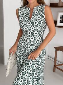 SHEIN Vestido corto de mujer con cuello en V, sin mangas, con estampado todo sobre todo, de textura, para primavera y verano, atuendo diario