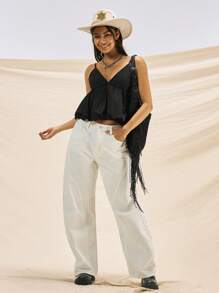 Easelle 女士休闲黑色梭织吊带背心短款上衣，夏季 - 黑色 - 查看 3