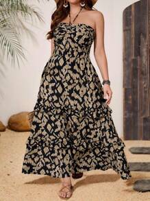 SHEIN VCAY Plus Size Summer Leopard Print Strapless Reversible Dress, Casual Retro Bohemian Style Ruffle Dress, Vacation Outfit - Multicolor - View 6