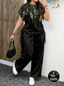 EMERY ROSE Set de 2 piezas - Camiseta con gráfico de plumas y estampado de leopardo talla grande + Shorts casuales, adecuado para el verano - Multicolor - Ver 1