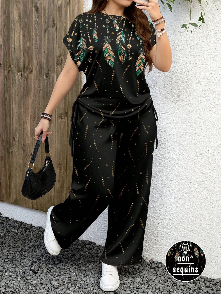 EMERY ROSE Set de 2 piezas - Camiseta con gráfico de plumas y estampado de leopardo talla grande + Shorts casuales, adecuado para el verano - Multicolor - Ver 1