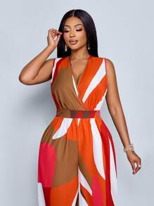 SOLERSUN Plus Size Women's Sleeveless Leaf Floral Print Elastic Waist V-Neck Jumpsuit, Suitable For Spring And Summer Vacation And Daily Wear, Jumpsuit - Orange - View 2