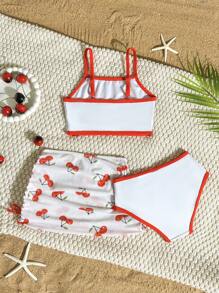 Conjunto de bebé niña con Top de bikini con estampado de cerezas de tirantes finos, blusa de cuello redondo de manga corta y cubrecuerpo de malla para playa y vacaciones - Multicolor - Ver 2