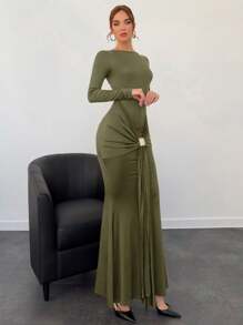Aloruh Autumn/Winter New Meraid Women Long Dress - Army Green - View 5