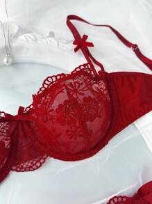 SHEIN Bộ đồ lót và quần lót ren mảnh màu trơn gợi cảm dành cho nữ, 2 món - Màu Đỏ Sâu - Xem 3