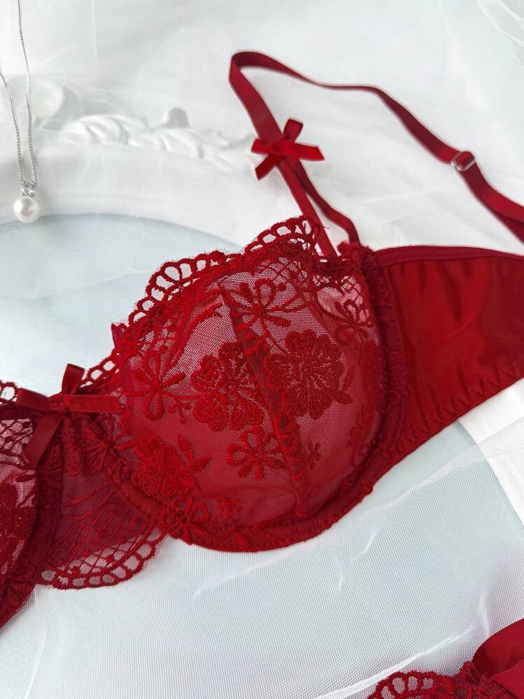 SHEIN Conjunto de lencería sexy de 2 piezas para mujer, con sujetador y pantie de encaje con parches de unicolor y nudos, transparente - Burdeos - Añade 3