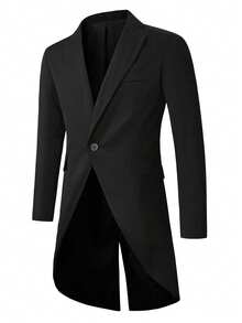 Manfinity Homme Men's Solid Color Single-Breasted Asymmetric Hem Split Long Sleeve Blazer, Tuxedo Suit Black Prom Blazer, Old Money - Black - View 3