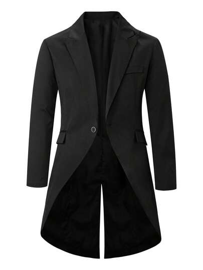 Manfinity Homme Men's Solid Color Single-Breasted Asymmetric Hem Split Long Sleeve Blazer, Tuxedo Suit Black Prom Blazer, Old Money