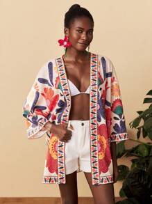 Travachic 波西米亚风印花长款衬衫，落肩袖设计，适合新年、婚礼宾客、优雅毕业典礼、休闲场合和秋季穿着。 - 彩色 - 查看 4