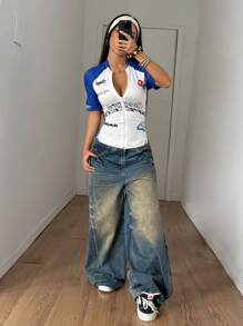 Flirla Women's Contrast Color Racing Car & Letter Print Front Zipper T-Shirt - White - View 4