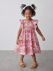 Maija Kids Maija Kids فستان عطلة مربع الرقبة مطبوع بطبعات زهرية وأكمام مكسرة للفتيات الصغيرات