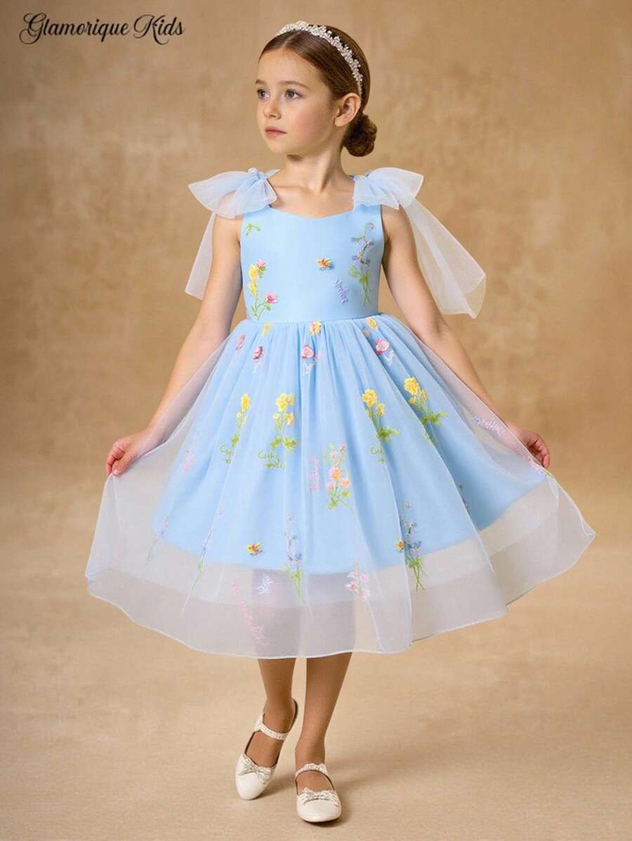 SHEIN Glamorique Kids Váy lưới tuyn thêu nơ cho bé gái, màu xanh lá cây, dành cho lễ Phục sinh, phù dâu, tiệc sinh nhật, đám cưới, ngày lễ, biểu diễn, chụp ảnh, phù hợp với mọi mùa - Màu xanh lam - Xem 1