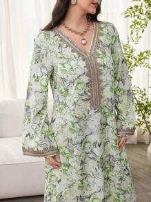 SHEIN Najma 女士花卉印花、钩针拼布、长袖连衣裙、端庄优雅的 A 字形卡夫坦和 Jalabiya 连衣裙，适合晚会/婚礼嘉宾/周年纪念/日常穿着 - 彩色 - 查看 5