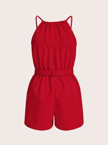 EMERY ROSE Women's Summer Solid Color Pleated Casual Pocketed Halter Romper For New Year Clothes - Red - View 2