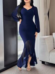 Feyla 女士优雅网眼拼接荷叶边下摆灯笼袖连衣裙 - 藏蓝色 - 查看 4