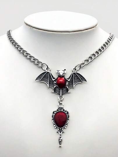 Goth Gothic Style Halloween Bat Shaped Mirror Pendant Necklace