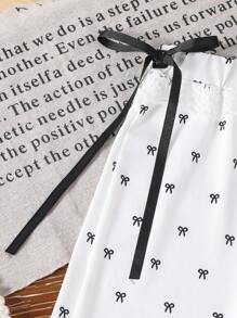 Young Girl Casual Bow Print Drawstring Sweatpants Fall Winter - White - View 4