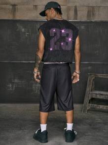 AXEPEAK 圆领数字印花宽松男式背心 - 黑色 - 查看 4