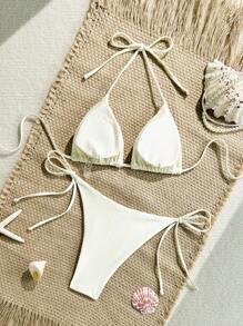 Swim Vcay 女士海星和贝壳水钻装饰比基尼上衣和侧系带比基尼下装高级两件套泳衣套装 - 米色 - 查看 3
