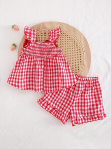Cozy Pixies 2pcs Baby Girls Strawberry Print Ruffle Trim Pullover Top And Elastic Waist Shorts Set - Red - View 2