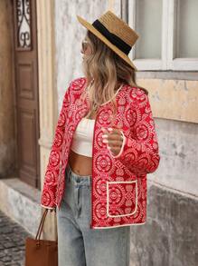 Brillora Women's Vacation Plant Print Zip-Front Regular Jacket. Embroidered Jacket Women. Red Blazer Women. Summer Jacket Women.Vacation,Vacation Style, Boho Jacket Women,Going Out Outfits,Country Outfits Women,Fall Clothes, Red Embroidered Jacket,Winter Clothes,Autumn Clothes,Fall Clothes,Old Money Style - Pink - View 3